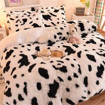 Feelyou Plush Shaggy Duvet Cover Set Full Kids Girls Cow Print Faux Fur Fluffy Bedding Set (1 Shaggy Duvet Cover + 2 Shaggy Pillowcases) Women White Black Animal Fur Velvet Fuzzy Comforter Cover Set