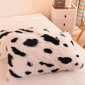 Feelyou Plush Shaggy Duvet Cover Set Full Kids Girls Cow Print Faux Fur Fluffy Bedding Set (1 Shaggy Duvet Cover + 2 Shaggy Pillowcases) Women White Black Animal Fur Velvet Fuzzy Comforter Cover Set