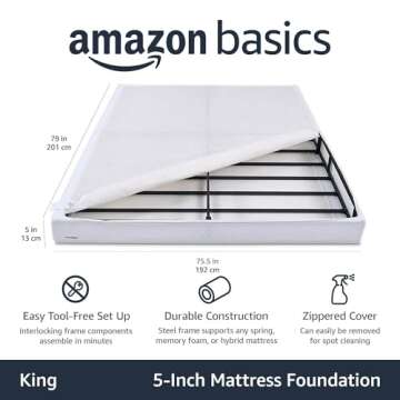 Amazon Basics Smart Box Spring Bed Base, 5-Inch Height Mattress Foundation, Tool-Free Easy Assembly,...