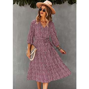 Schkleier Women's Summer Fall 3/4 Sleeve V Neck Casual Party Floral Flowy Midi Dress