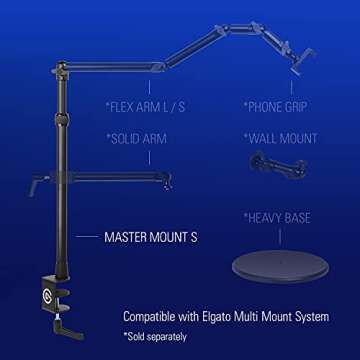 Elgato Master Mount S - Premium Desk Clamp with Pole extendable up to 54cm/21in and 1/4 inch Thread to Mount Lights, Cameras, and Microphones, perfect for Streaming, Videoconferencing, and Studios