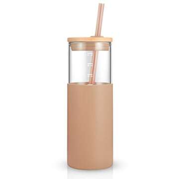 Tronco 24 oz Glass Tumbler with Straw and Lid - Glass Cup with Lid and Straw, Smoothie Cup, Iced Coffee Cup - Bamboo Lid and Protective Silicone Sleeve - BPA-Free
