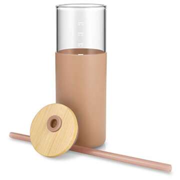 Tronco 24 oz Glass Tumbler with Straw and Lid - Glass Cup with Lid and Straw, Smoothie Cup, Iced Coffee Cup - Bamboo Lid and Protective Silicone Sleeve - BPA-Free