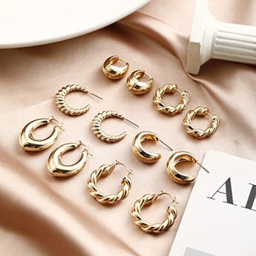 Golden Chunky Hoop Earrings Set for Women - Lightweight & Hypoallergenic