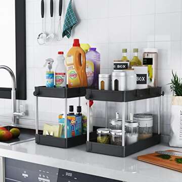 ZOEDO 2 Pack Under Sink Organizer,2 Tier Under Sink Organizers and Storage,Under Cabinet Organizer with Hooks,Multi-Purpose Standing Rack Organizer for Bathroom Kitchen