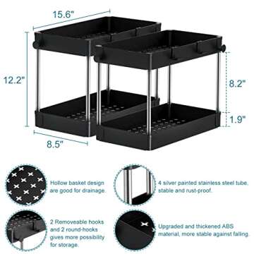 ZOEDO 2 Pack Under Sink Organizer,2 Tier Under Sink Organizers and Storage,Under Cabinet Organizer with Hooks,Multi-Purpose Standing Rack Organizer for Bathroom Kitchen