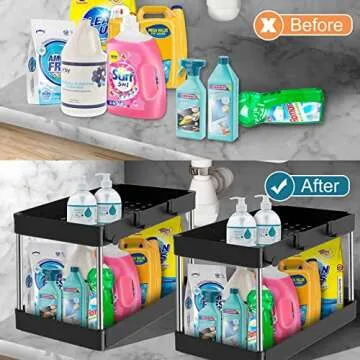 ZOEDO 2 Pack Under Sink Organizer,2 Tier Under Sink Organizers and Storage,Under Cabinet Organizer with Hooks,Multi-Purpose Standing Rack Organizer for Bathroom Kitchen