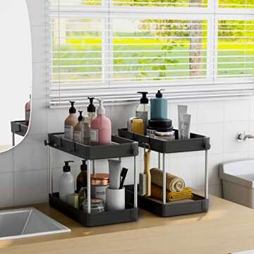 ZOEDO 2 Pack Under Sink Organizer,2 Tier Under Sink Organizers and Storage,Under Cabinet Organizer with Hooks,Multi-Purpose Standing Rack Organizer for Bathroom Kitchen