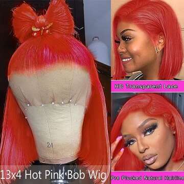 Hot Pink Bob 13x4 Lace Front Human Hair Wigs for Women Short Straight Orange Red Bob Wig Pre Plucked Hairline Bleached Knots Lace Frontal 12 Inch Colored Bob Glueless Human Hair Wig 150% Density