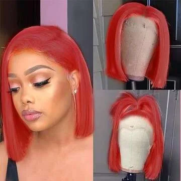 Hot Pink Bob 13x4 Lace Front Human Hair Wigs for Women Short Straight Orange Red Bob Wig Pre Plucked Hairline Bleached Knots Lace Frontal 12 Inch Colored Bob Glueless Human Hair Wig 150% Density
