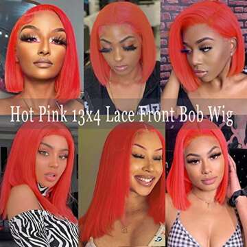 Hot Pink Bob 13x4 Lace Front Human Hair Wigs for Women Short Straight Orange Red Bob Wig Pre Plucked Hairline Bleached Knots Lace Frontal 12 Inch Colored Bob Glueless Human Hair Wig 150% Density