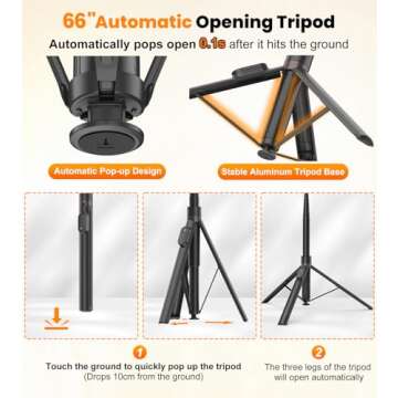 TONEOF 66" Automatic Tripod,Auto-Open Phone Tripod Stand with Magnetic Rechargable Remote,Selfie Sti...