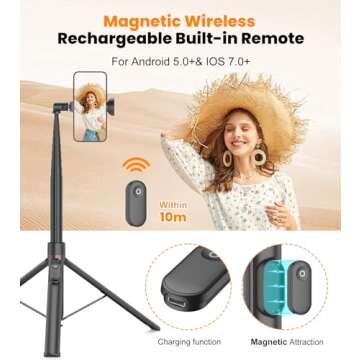 TONEOF 66" Automatic Tripod,Auto-Open Phone Tripod Stand with Magnetic Rechargable Remote,Selfie Stick Tripod 360° Vertical & Horizontal Rotatable,Stable Travel Tripod for iPhone/Android(Black)