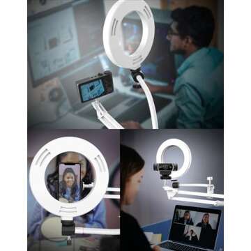 Pozliv White Overhead Camera Mount with Ring Light, Desk Flexible Articulating Phone Arm Stand Compa...