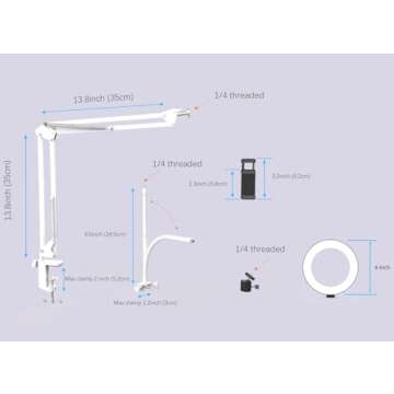 Pozliv White Overhead Camera Mount with Ring Light, Desk Flexible Articulating Phone Arm Stand Compatible with iPhone, Content Creator Essentials for YouTube Live Stream Cooking Nail Video Recording