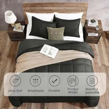 Monbix Queen Size Comforter Sets Grey, Queen Bedding Set 3 Piece, All Seasons Comforters,Fluffy Bed Set Warm Bed Set Queen with 2 Pillow Shams (Dark Grey, Queen, 90''x90'')