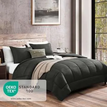 Monbix Queen Size Comforter Sets Grey, Queen Bedding Set 3 Piece, All Seasons Comforters,Fluffy Bed Set Warm Bed Set Queen with 2 Pillow Shams (Dark Grey, Queen, 90''x90'')