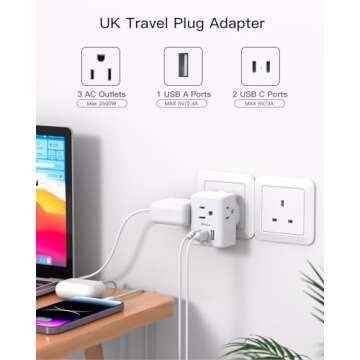 2 Pack US to UK Plug Adapter, Type G Power Adapter with 3 Outlet 3 USB Charger, International Plug Adapter, USA to Dubai England Ireland British London Hong Kong Singapore Travel Essentials