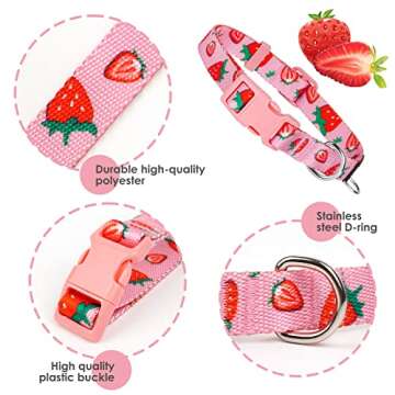 azuza Dog Collar and Leash Set, Cute Strawberry Patterns on Pink Nylon Collar and Matching Leash, Gr...