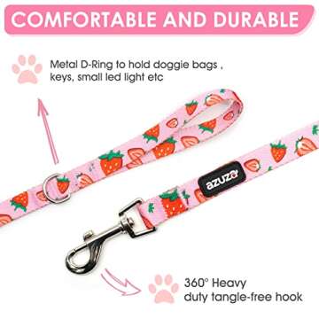azuza Dog Collar and Leash Set, Cute Strawberry Patterns on Pink Nylon Collar and Matching Leash, Great Option for Medium Dogs