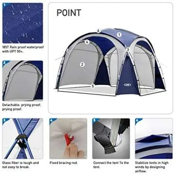 UNP Easy Beach Tent 12 X 12ft Pop Up Canopy UPF50+ Tent with Side Wall, Ground Pegs, and Stability Poles, Sun Shelter Rainproof, Waterproof for Camping Trips, Backyard Fun, Party Or Picnics(Blue)