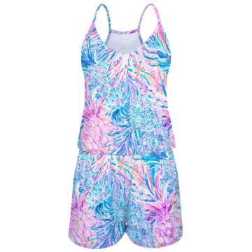 RAISEVERN Womens Romper Summer Casual Cute Short Jumpsuit Hawaiian Tropical Purple Cartoon Pineapple Print Adjustable Spaghetti Straps Loose V Neck Sleeveless Cami Rompers with Pockets