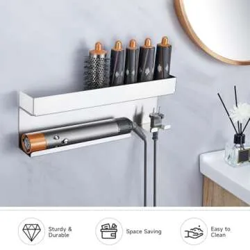 Storage Hair Dryer Holder for Curling Iron Wands Accessories, Hair Straightener Holder, Wall Mount Hair Tool Organizer for Styler Attachments,Stainless Steel Curling Iron Holder Organizer for Bathroom