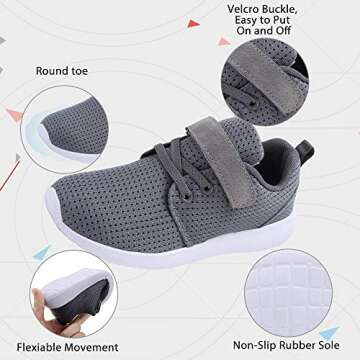 TOEDNNQI Boys Girls Sneakers Kids Lightweight Breathable Strap Athletic Running Shoes for Toddler/Little Kid/Big Kid Grey Size 10