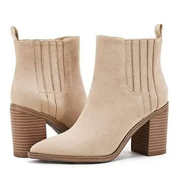 Womens Slip on Booties Chunky Stacked Mid Heel Leather Pointed Toe Elastic Side Fashion Western Ankle Boots 7.5