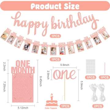1st Birthday Baby Photo Banner and Happy Birthday Banner, First Birthday Decorations for Girl Newborn to 12 Months, First Birthday Photo Banner Bunting Garland with ONE Cake Topper (Rose Gold)