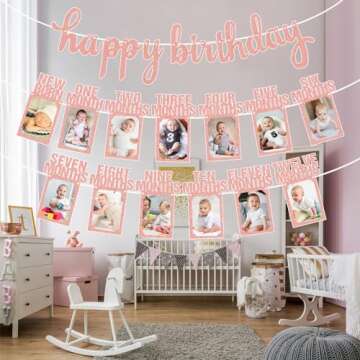 1st Birthday Baby Photo Banner and Happy Birthday Banner, First Birthday Decorations for Girl Newborn to 12 Months, First Birthday Photo Banner Bunting Garland with ONE Cake Topper (Rose Gold)