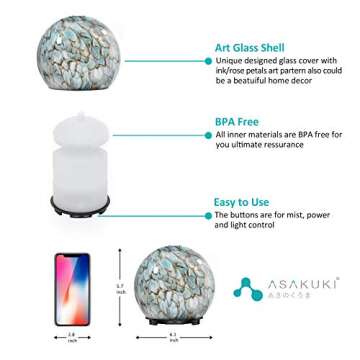 ASAKUKI 200ml Essential Oil Diffuser, Aromatherapy Oil Diffuser with Cool Mist, Waterless Auto Shut-Off Humidifier and 7 Color LED Night Lights for Home Baby Office