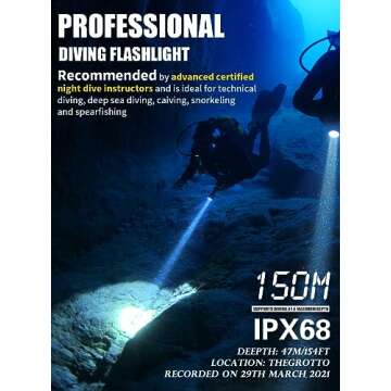 PFSN DF-3000 Professional Underwater Flashlight, 150m Waterproof Dive Torch with Long Lasting Rechargeable Battery, Super Bright Light Great for Night Caving, Explore, Spearfishing