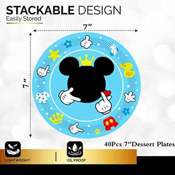 AMZPTBOY 40Pcs Blue Mouse Birthday Party Supplies Minnie Party Supplies Tableware Paper Plates,7" Mouse Dessert Plates Blue Party Plates for Boy Mouse Themed Baby Shower Mouse Birthday Decor