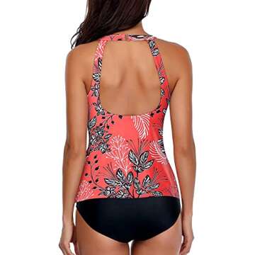 Holipick Women Red Floral Tankini Swimsuits High Neck Swim Tank Tops