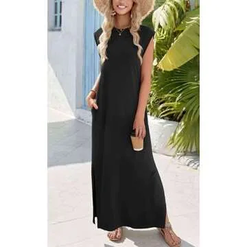 Zeagoo Black Maxi Dress Sleeveless Sun Dresses Beach Crew Neck Long Split Dresses with Pockets Summe...