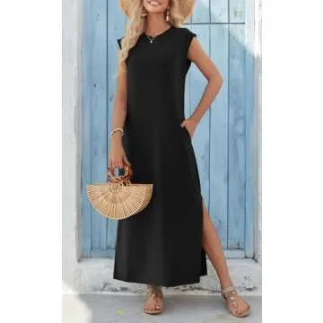Zeagoo Black Maxi Dress Sleeveless Sun Dresses Beach Crew Neck Long Split Dresses with Pockets Summer Dresses for Women 2025 Vacation Black M