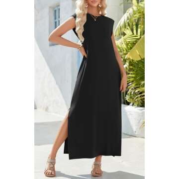 Zeagoo Black Maxi Dress Sleeveless Sun Dresses Beach Crew Neck Long Split Dresses with Pockets Summer Dresses for Women 2025 Vacation Black M