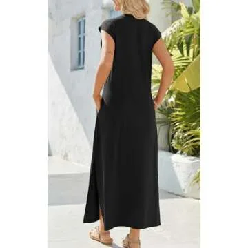 Zeagoo Black Maxi Dress Sleeveless Sun Dresses Beach Crew Neck Long Split Dresses with Pockets Summer Dresses for Women 2025 Vacation Black M