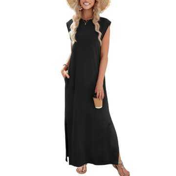 Zeagoo Black Maxi Dress Sleeveless Sun Dresses Beach Crew Neck Long Split Dresses with Pockets Summer Dresses for Women 2025 Vacation Black M