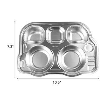 ZEAYEA 3 Pack Stainless Steel Divided Plate, 304 Stainless Divided Platter, 5 Section Car Shape Divided Dinner Tray, Kids Snack Meal Plate for Lunch, Portion Control, Camping, BPA free