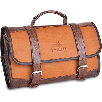 Vetelli Leather Toiletry Bag for Men - Water Resistant, 2 Zippered Internal Pockets, 2 Snap-Fastened Internal Pockets, and Hanging Hook.