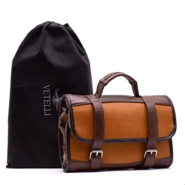 Vetelli Leather Toiletry Bag for Men - Water Resistant, 2 Zippered Internal Pockets, 2 Snap-Fastened Internal Pockets, and Hanging Hook.