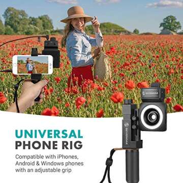 Movo SmartCine All-In-One Smartphone Video Lighting Kit, Universal Phone Rig, Wireless Lavalier Microphone System with Built-in Receiver and Bodypack Transmitter, LED Light, Wide-Angle, Fisheye