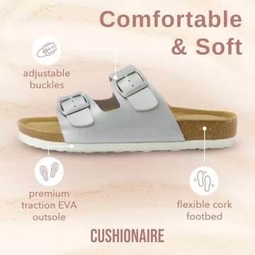 CUSHIONAIRE Lane Cork Footbed Sandals for Women – Comfortable Double Buckle Slip-On with Genuine Suede Footbed & Arch Support Slides for Women Footwear, SILVER 7.5