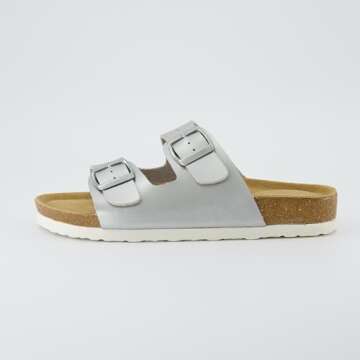 CUSHIONAIRE Lane Cork Footbed Sandals for Women – Comfortable Double Buckle Slip-On with Genuine Suede Footbed & Arch Support Slides for Women Footwear, SILVER 7.5