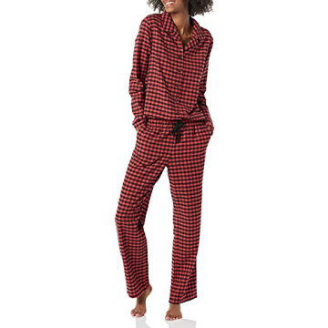 Amazon Essentials Women's Flannel Pajama Set - Black Red Mini Buffalo Plaid