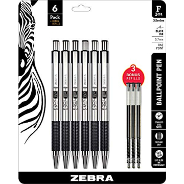 Zebra F-301 Ballpoint Stainless Steel Retractable Pen, Fine Point, 0.7mm, Black Ink, Combo Pack of 6...