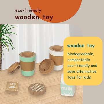 WOODENFUN Pretend Play Coffee Cup Toys,Wooden Play Kitchen Accessories,Fake Food Play for Kids Kitchen,Educational Toy for Toddler Children Birthday Gift