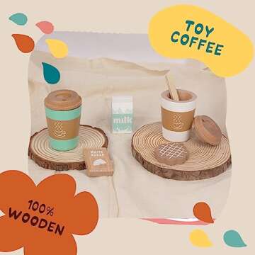 WOODENFUN Pretend Play Coffee Cup Toys,Wooden Play Kitchen Accessories,Fake Food Play for Kids Kitchen,Educational Toy for Toddler Children Birthday Gift